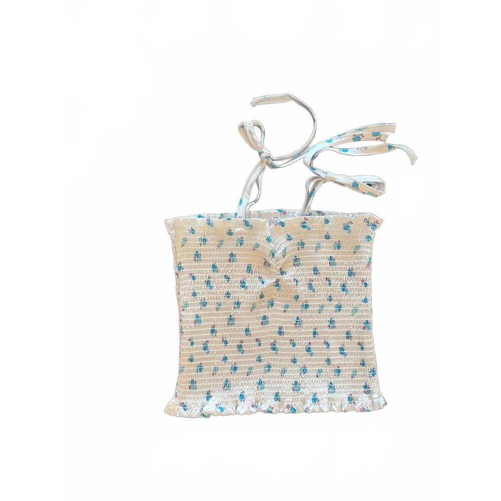 NEW THEME girls georgia ditsy satin smocked top in white with pastel blue